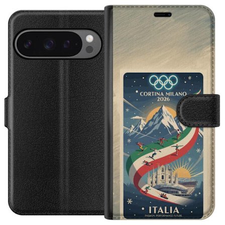 Kompatibelt Lommeboketui til Google Pixel 9 Pro XL Skiskytterillustrasjon med skiløper som sikter med gevær på en snødekt løype, teksten Milano Cortin