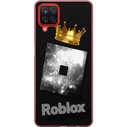 Kompatibelt Mobildeksel til Samsung Samsung Galaxy A12 Minimalistisk svart og sølvfarget Roblox-symbol med gylden krone og luksuriøs gamer-estetikk