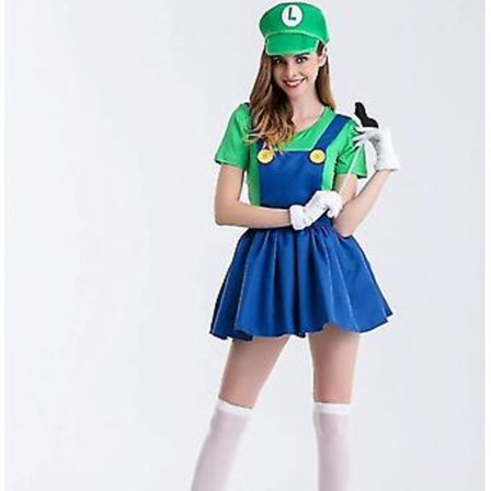 Mario Cosplay Kostyme for Kvinner Luigi Kostyme Sexy Rørleggerkostyme (M Grønn)_max