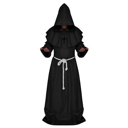 JUSTUP Halloween Cosplay Kostym Kappa Friar Medieval Huva Munk Renässans Präst Robe Kostym Cosplay(Svart,Storlek L)
