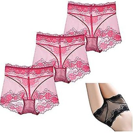 3 stk. Mesh Gennemsigtige Maveindsnævrende Hofteløftende Trusser, dameundertøj Sexet Blonde Højtaljede Trusser Briefs (L Rose Red)