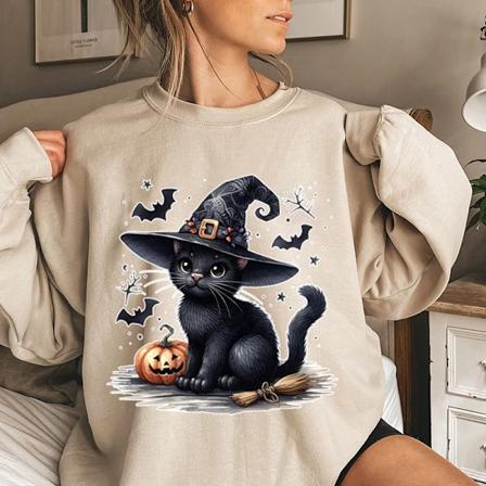 Sjov Halloween Sort Kat Græskar Bat Print Sweatshirt Til Kvinder Kreativ Efterår Og Vinter O Hals Hoodless Pullover La La La Nackes Top Khaki S