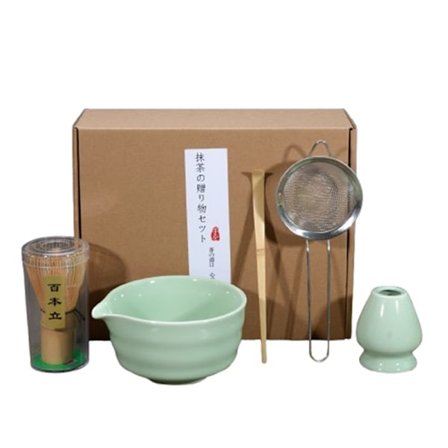 5-delars Keramisk Matcha Te Set, Skål, Visphållare & Visp, Turkos Japansk Te-ceremoni Set
