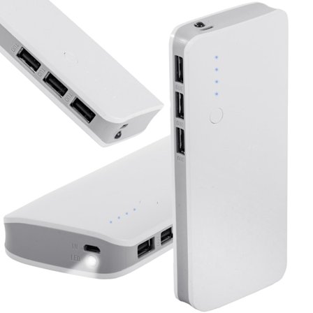 Powerbank 10000mAh, 3x USB, Lommelygte