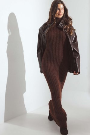 NA-KD Maxikleid aus Strickmischung mit Wollanteil und Rollkragen - Herbstkleider - Braun - M