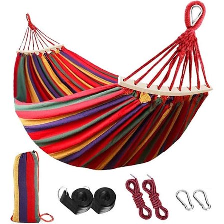 Udendørs dobbelt hængekøje i bomuld 200 x 150 cm med sprederbar robust metalbue, belastning 300 kg til have terrasse camping KLB