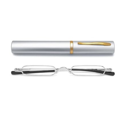 Kompakte Læsebriller Kvinder Mænd Mini Slanke Smalle Lomme Bærbare Læsere med Metaletui (2.0x)