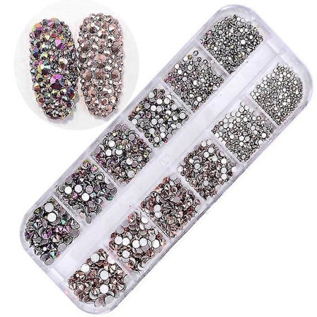 12 askar/set med AB kristallstrass, diamanter, ädelstenar, 3D glitter nagelkonst dekoration skönhet
