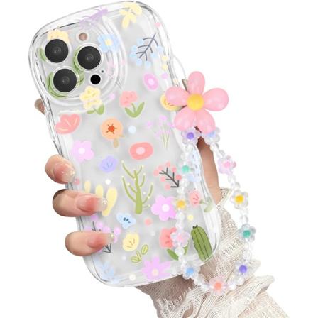 iPhone 14 Pro Max -puhelimen kuori, söpö värikäs kukka-aalto selkeä kuori kauniilla kukka-ranneketta ketjulla naisille