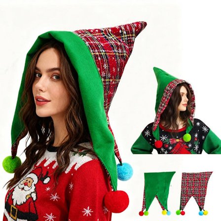 Julepynt, fødselsdagspynt, retrohatte med røde og grønne striber og ternet mønster, pomponer, julepynt