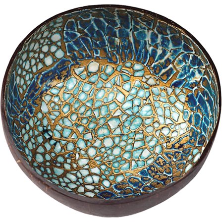 Naturlig kokosnøttskål med perlemorinnlegg, skåler for nøkler til entrebord, nøtteholder, frukt (blå-gull)