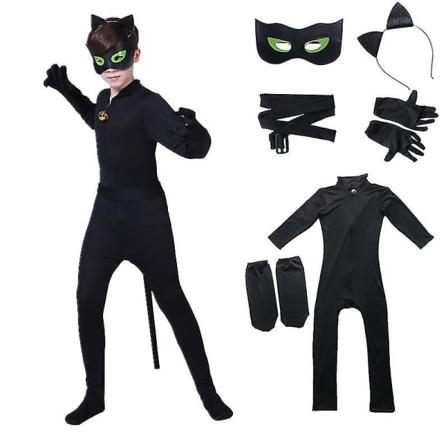 Svart kattedrakt for barn Gutter Cosplay Noel-body med maske, øre, hale
