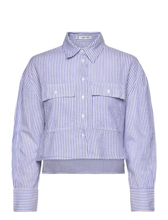 Mango Striped Cropped Shirt With Pockets - Blue - M