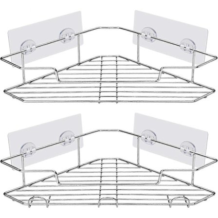Selvklæbende Badeværelse Hjørne Bruser Hylde Hjørne Bruser Hylde med Kroge Rustfrit Stål Bruser Organizer Vægmonteret - Sæt med 2 LMR