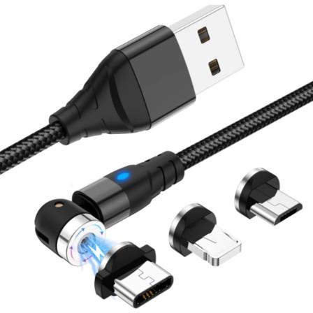 Magnetisk Kabel, 3 i 1 L-Formet Nylonflettet USB Hurtigopladning