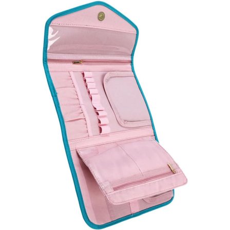 Kompakt oppbevaringsveske for heklenåler, sminkekoster og tilbehør. Gjennomsiktig plastorganisator med inndeling for heklenåler. Praktisk etui.