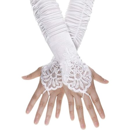 Valkoiset pitkät oopperahanskat sormenlenkeillä joustavat sormettomat kukkakirjailut paljetit tahra iltapuku morsiusjuhla kyynärpäähansikkaat 