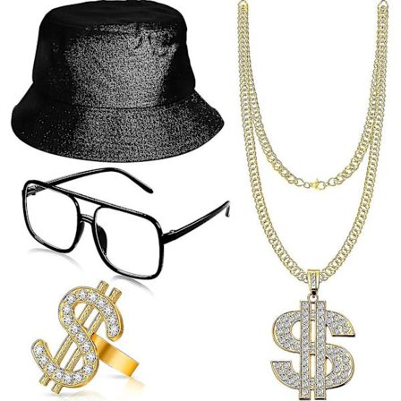 Hip Hop Kostyme Kit, Med Bøttehatt, Solbriller, Gullkjede Ring, 80-talls/90-talls Rapper Tilbehør