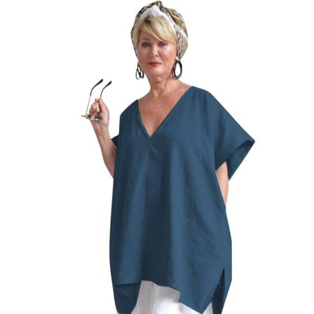 Oversized Linne Blus Skjorta Lös V-ringad Toppar Tee Casual Summe