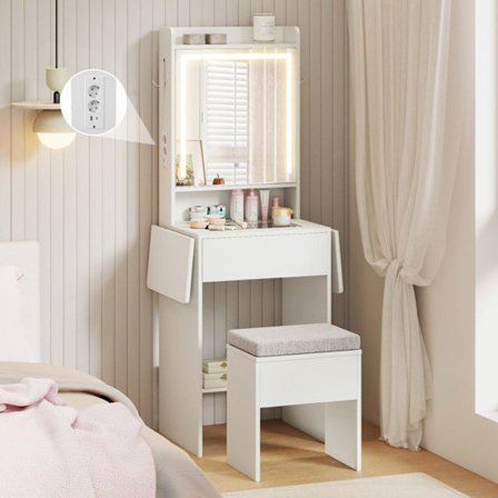 COSTWAY Meikkipöytä ja Jakkara, Peili, Säädettävä Valo, Lasinen Työtaso, Latausasema, Käännettävät Paneelit, Laatikko