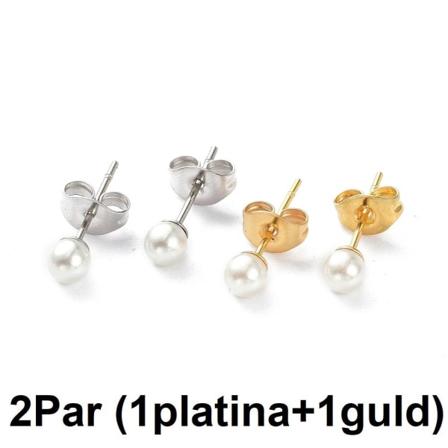 2 par (1 guld/1 stål) ørestikker med ca 4 mm hvid perle