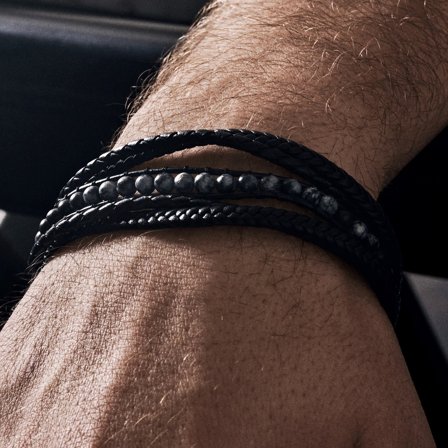 Bracelet Naxos en cuir noir et pierre obsidienne flocon de neige pour hommes - Bracelets de perles - pour Hommes - Lucleon