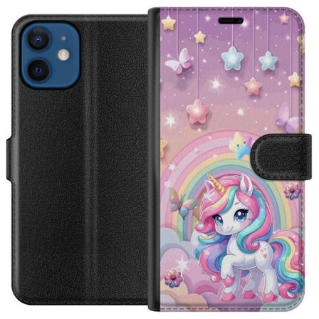 Kompatibelt Lommeboketui til Apple iPhone 12 mini Magisk enhjørning med regnbue manke, stjerner og sommerfugler mot en pastellhimmel med skyer