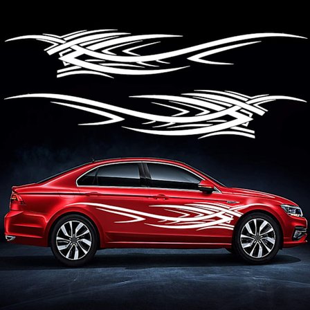 2 kpl (valkoinen) - 240 cm liekki-kuvioinen auton sivutarra Flame Mo