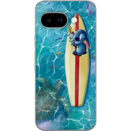 Kompatibel Mobilcover til Google Pixel 9a Afslappende illustration af Stitch der hviler på et surfbræt i klart turkisfarvet vand
