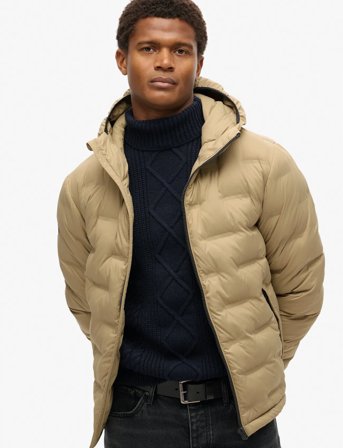 Superdry Hooded Quilted Puffer Coat - Beige - M