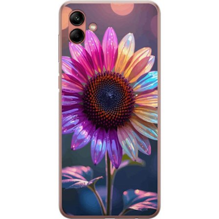 Kompatibelt Mobildeksel til Samsung Galaxy A04 Irideserende blomst med glitrende kronblad i rosa lilla og gull mot myk bokeh bakgrunn