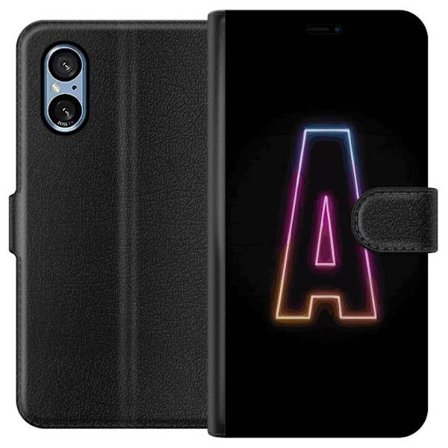 Yhteensopiva Lompakkokotelo Sony Sony Xperia 5 V Minimalistinen neonkirjain A sateenkaarenvärisessä valossa mustaa taustaa vasten modernissa typogra
