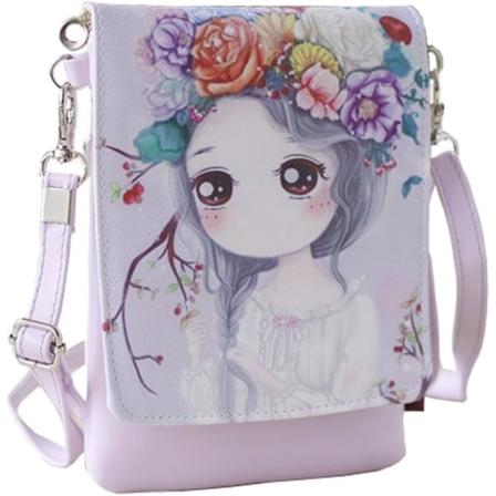 Tenåringsjenter Tegneserie Mini Skulder Bag PU Lær Veske Cross Body Bag Nøkkel Penger Mobiltelefon Holder Etui Liten Lommebok Punger Clutch Håndveske