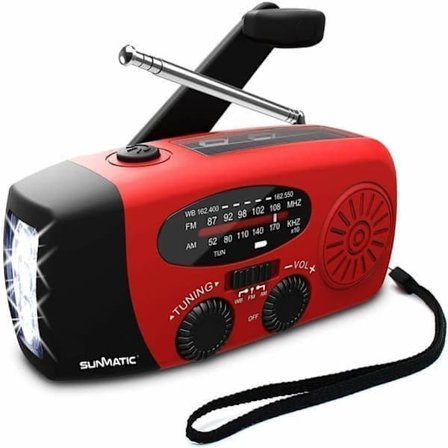 Vevradio med Solceller, LED Ficklampa och 2000mAh Powerbank SOS SUNMATIC - Väderradio för hem- och campingnödsituationer med AM/FM-radio