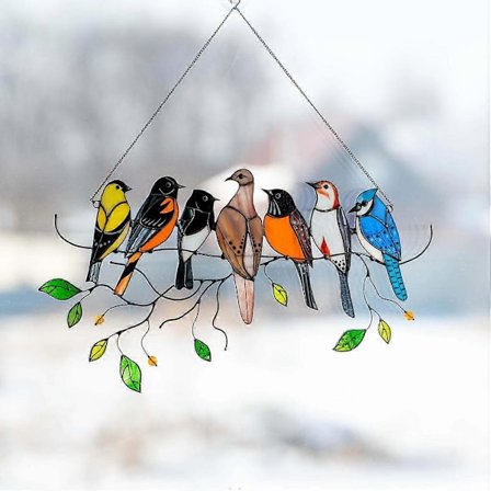 Fugler Farget Glass Vindusopphengspanel, Farget Fugl Vindusoppheng Ornament Solfanger med Kjede (7 Fugler)