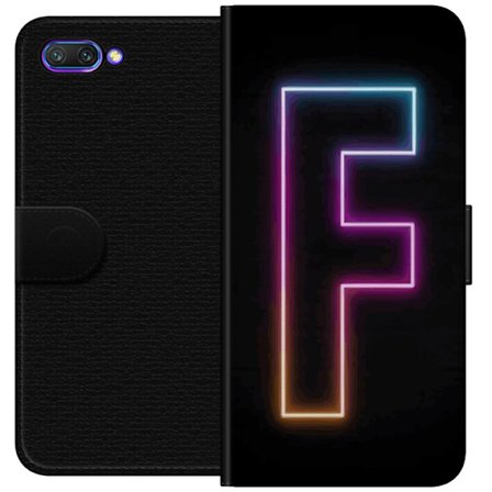 Yhteensopiva Lompakkokotelo Honor Honor 10 Neonkirjain F vaaleanpunaisella, sinisellä ja keltaisella valokehyksillä tummaa taustaa vasten, graafinen