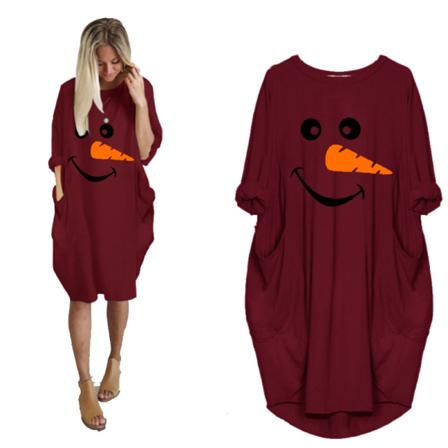 Kvinnor Julklänning Snögubbe Printed Långärmad Klänning