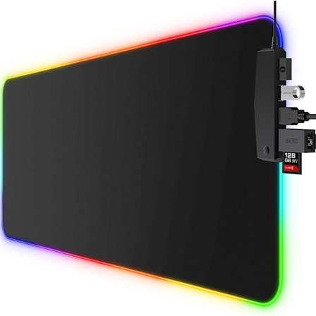 Pelikäyttöön tarkoitettu XXL-kokoinen RGB-hiirimatto 4 USB-portilla ja 14 valaistustilalla, kumipinta