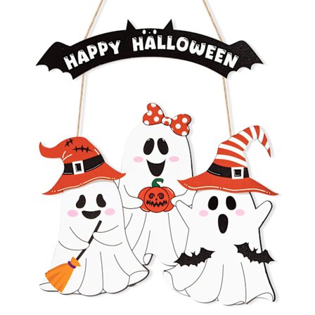 Halloween Trähängande Skylt - Sött Spöktrio med Pumpa-, Kvast- & Fladdermusdesign, Glad Halloween-dekor för Ytterdörr, Vägg, Hem &