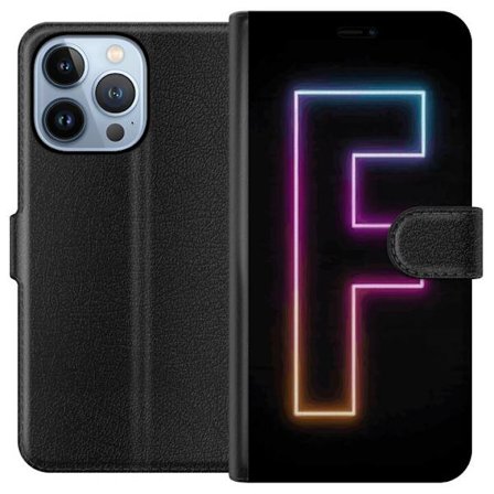 Kompatibelt Plånboksfodral till Apple Apple iPhone 13 Pro Neonbokstav F i rosa, blå och gul ljuskanter mot en mörk bakgrund, grafisk bokstavsillust
