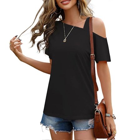 Dam T-shirt med En Bar Axel, Trendig Lös Modell, Casual Sommartopp för Vardagsbruk, Svart S