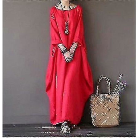 Sommarklänning för kvinnor, långärmad lös bomull linne långklänning för vardag (Röd, 5XL)