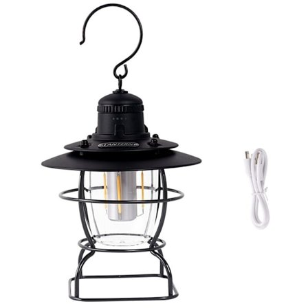 Bærbar Camping Lanterne Metall Håndtak Oppladbar Vintage Lommelykt Varm Hvit Lys Hengelampe, Svart