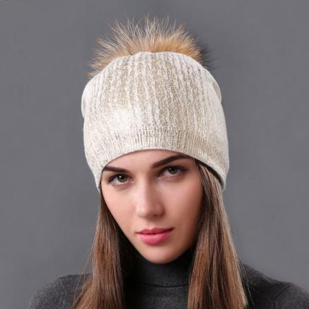 Vinter varm ull stickad mössa dam bronzing silver cap tvättbjörn boll päls ylle cap White natural color ball