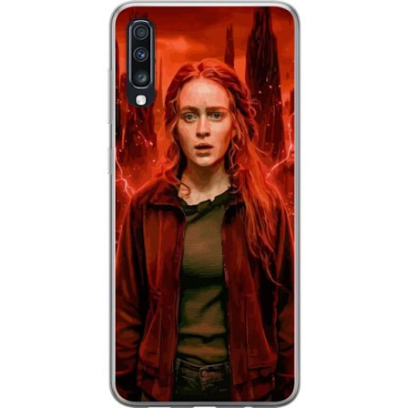 Kompatibelt Mobilskal till Samsung Galaxy A70 Porträtt av en ung kvinna med rött hår i en apokalyptisk landskap, röda blixtar och mörka klippform