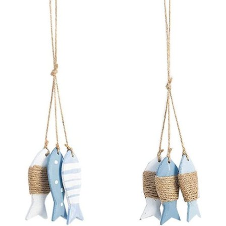 Træfisk Trævægdekoration, 6 stk. Trædekoration Fisk, træfiskebensdekoration, med snor