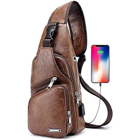 Mænds Skuldertaske Lille Læder Ubalance Bryst Skulder Crossbody Taske med USB Opladningsport