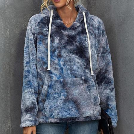 Kvinnor Dragstring Tie Dye Fuzzy Fleece Tröja Med Huva