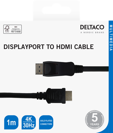 Deltaco DisplayPort to HDMI cable, 4K UHD, 1m, black