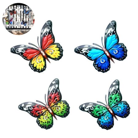 Metall Butterfly Vegg 3D Farget Metall Sommerfugler Sett med 4 for
